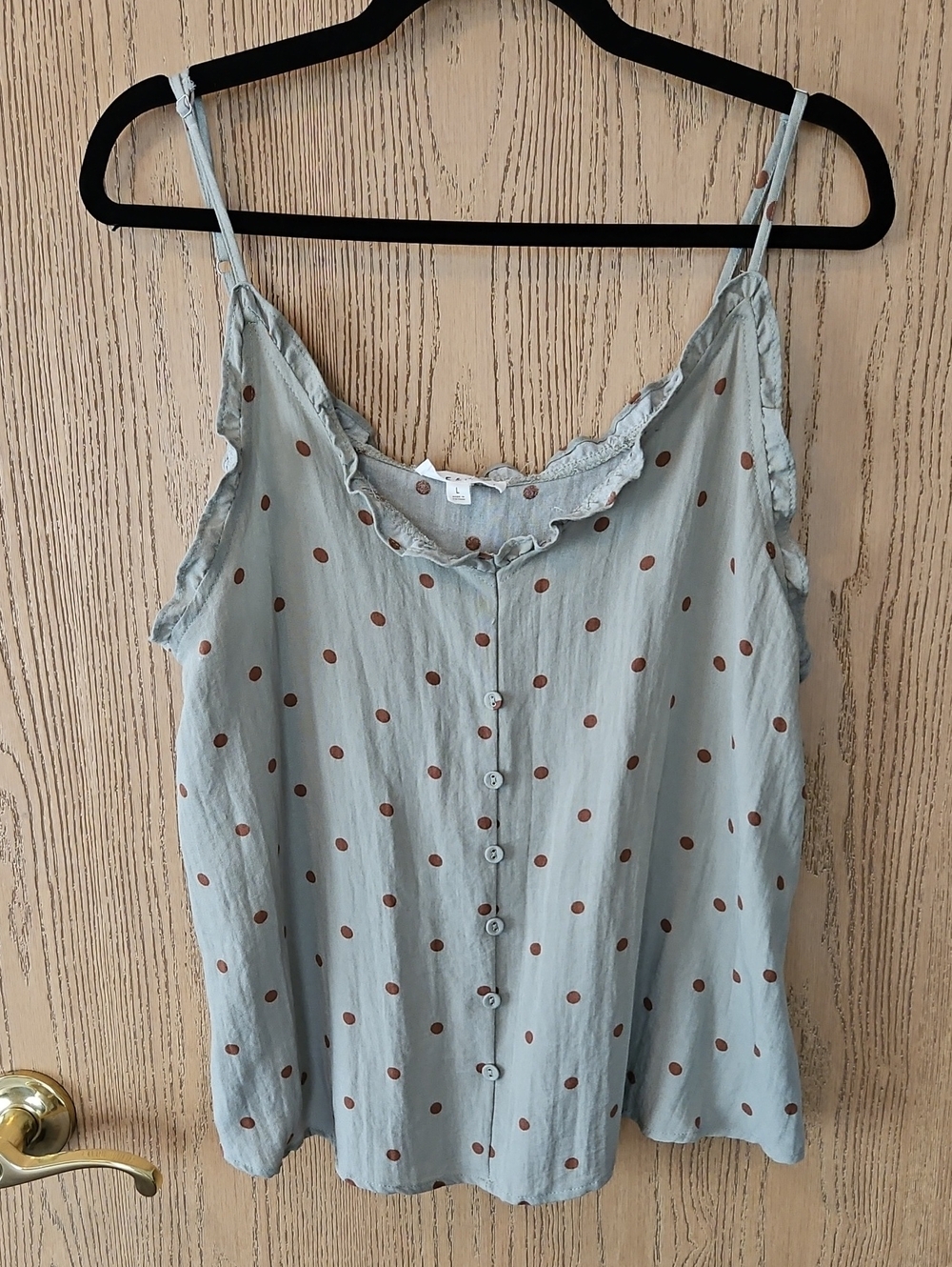 Sage Green W/Brown Polka Dot Ruffle-Trim Spaghetti Strap Top